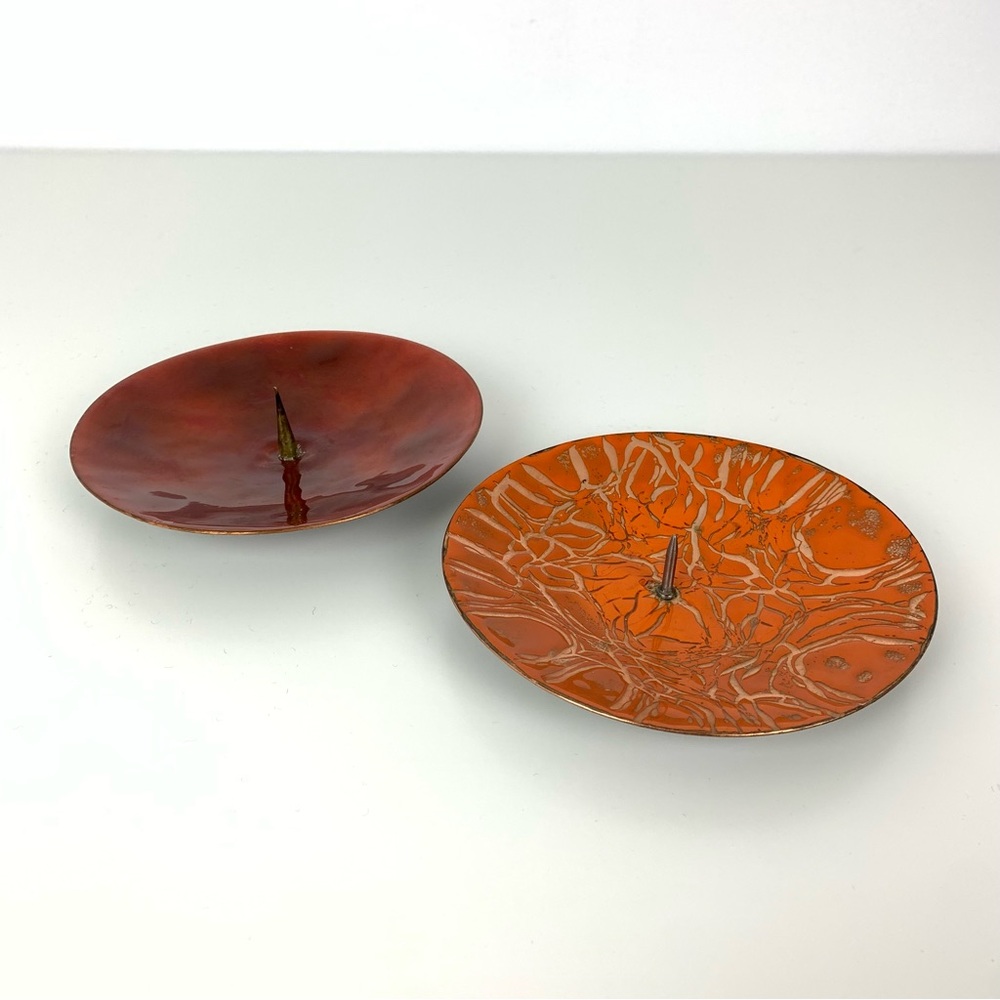 Pair Signed Candle Holder Enamel On Copper Orange Red Vtg Round MCM Monique 1973